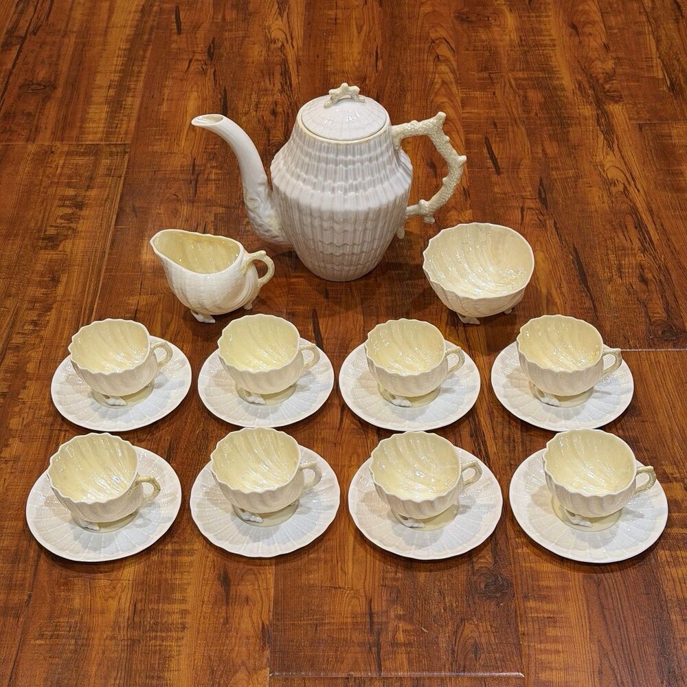 Belleek Neptune 20-Piece Cups, Saucers, Creamer, Sugar Bowl & Limpet Tea Pot Set